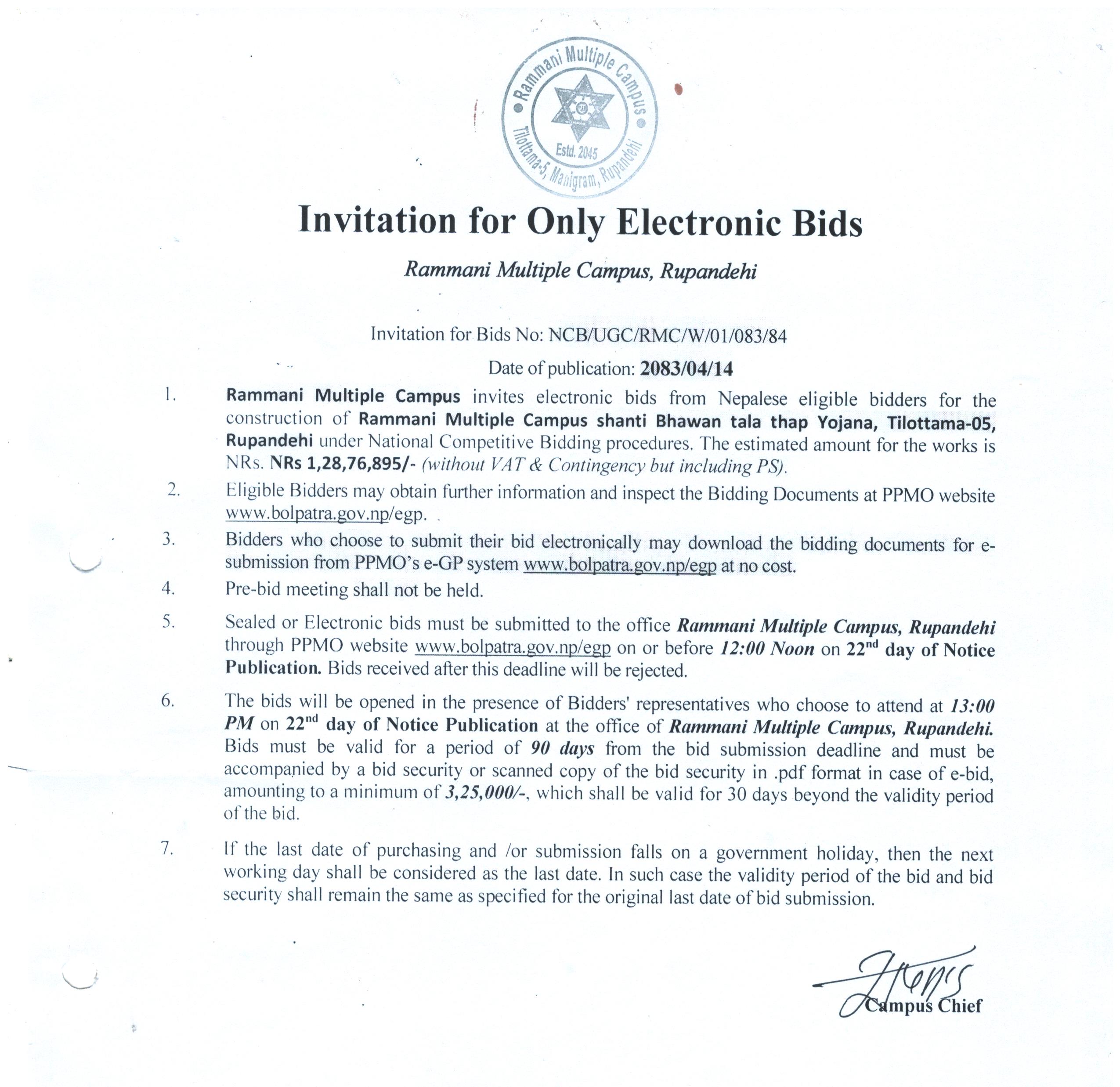 Invitation for Only Electronic Bids